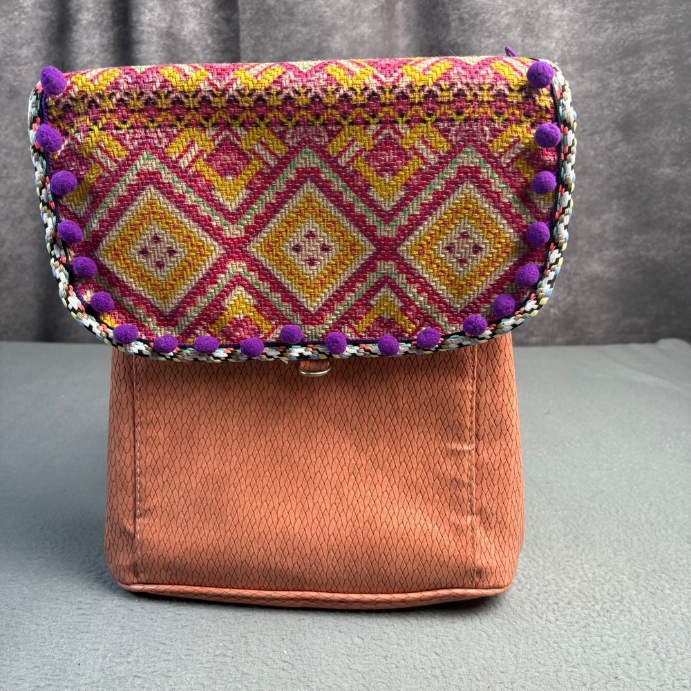 Boho Mini Backpack Terracotta Faux Leather Woven Geometric Pom Pom Trim Pink